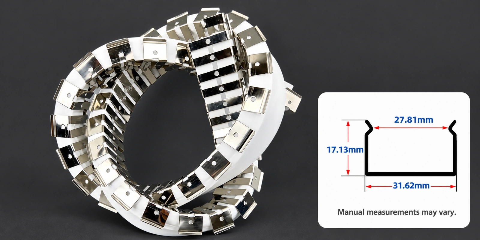 30 × 20 mm flexible tracks with inset profile reference and manual-measurement notice