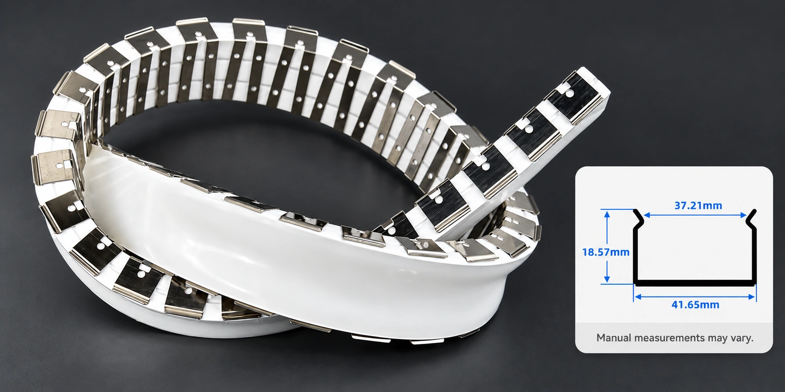 40 × 20 mm flexible tracks with inset profile reference and manual-measurement notice