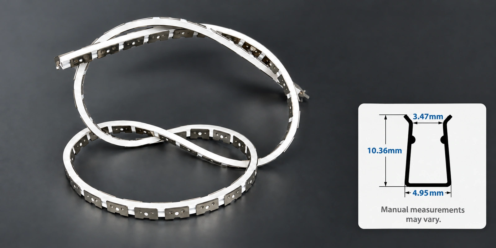 4 × 10 mm flexible tracks with inset profile reference and manual-measurement notice
