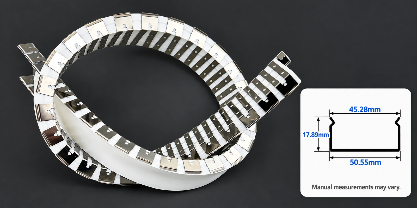 50 × 20 mm flexible tracks with inset profile reference and manual-measurement notice
