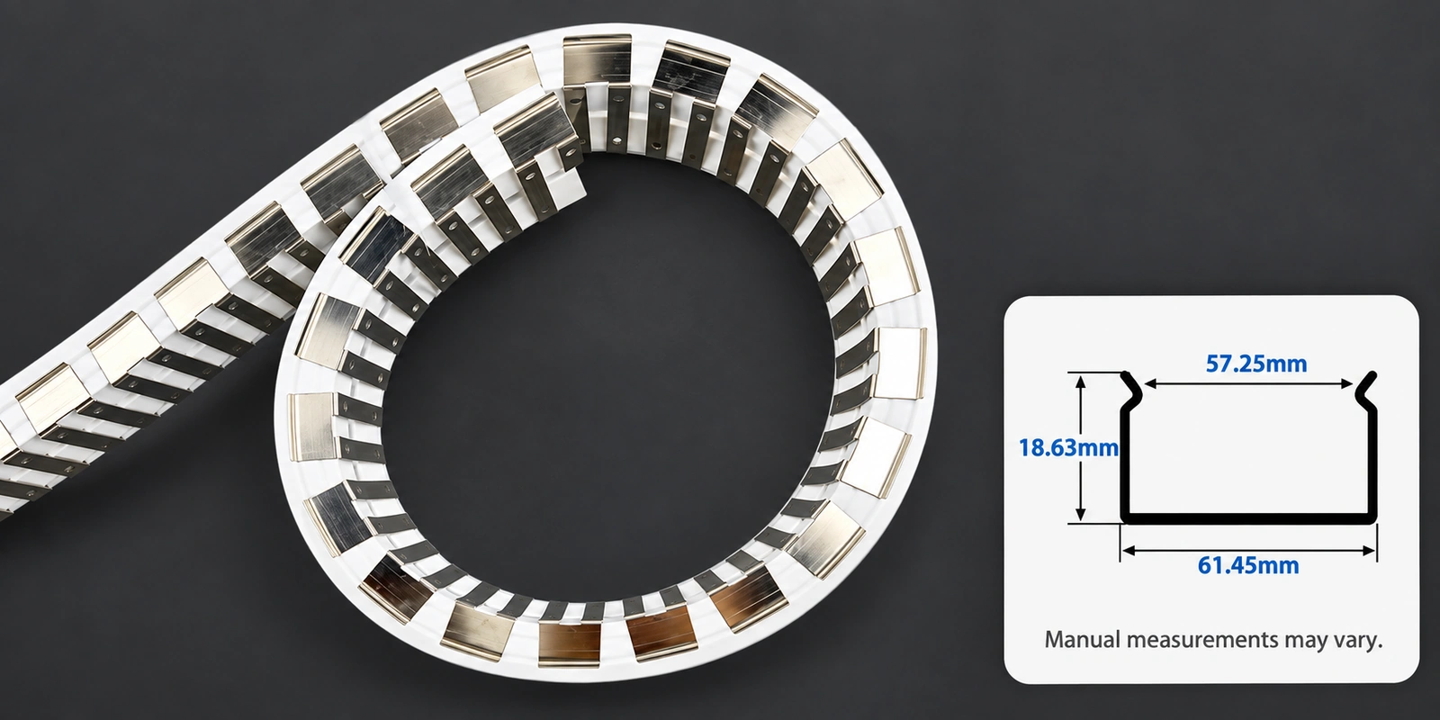 60 × 30 mm flexible tracks with inset profile reference and manual-measurement notice