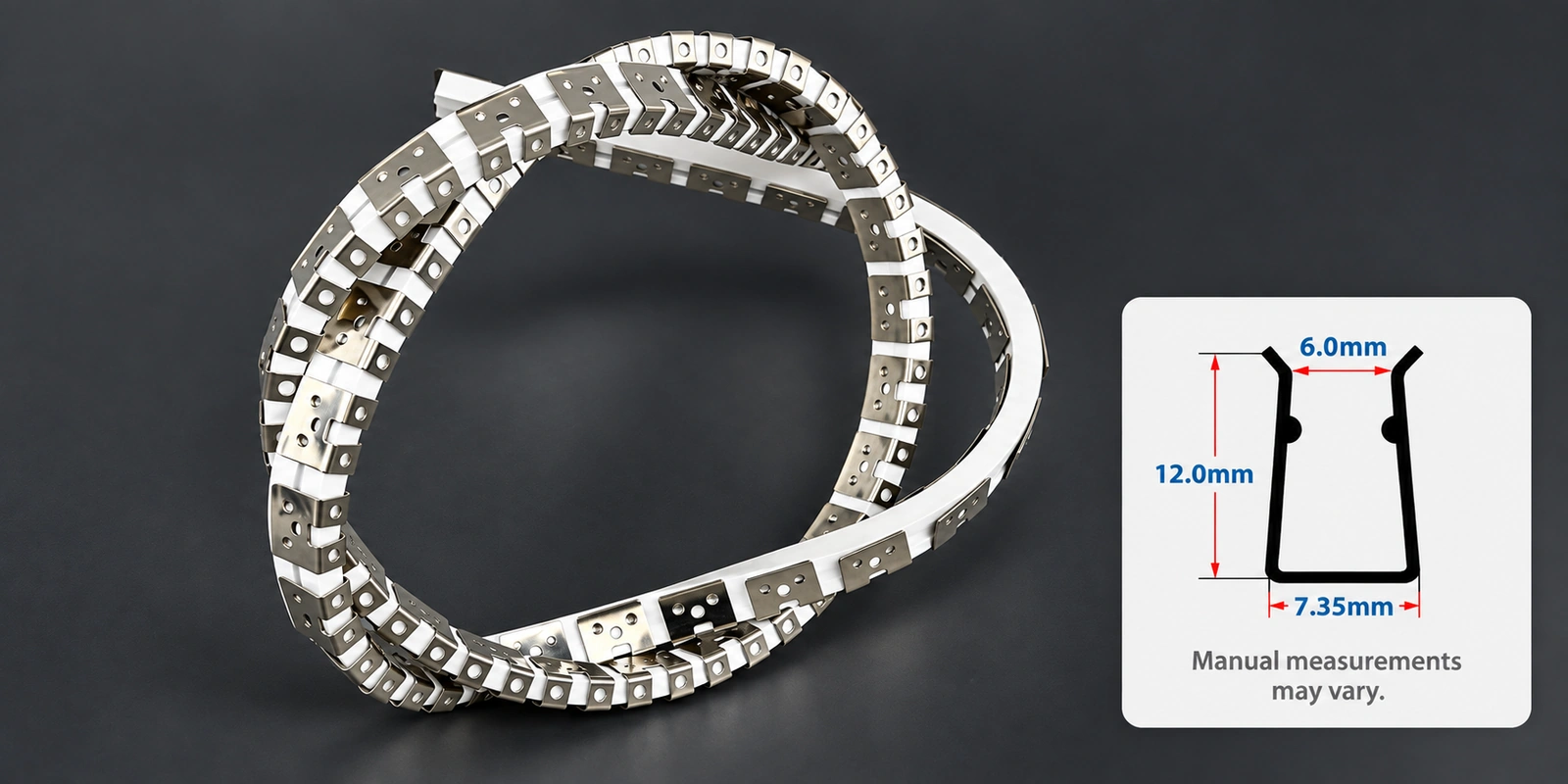 6 × 12 mm flexible tracks with inset profile reference and manual-measurement notice