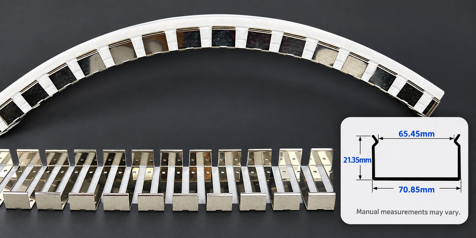 70 × 30 mm flexible tracks with inset profile reference and manual-measurement notice