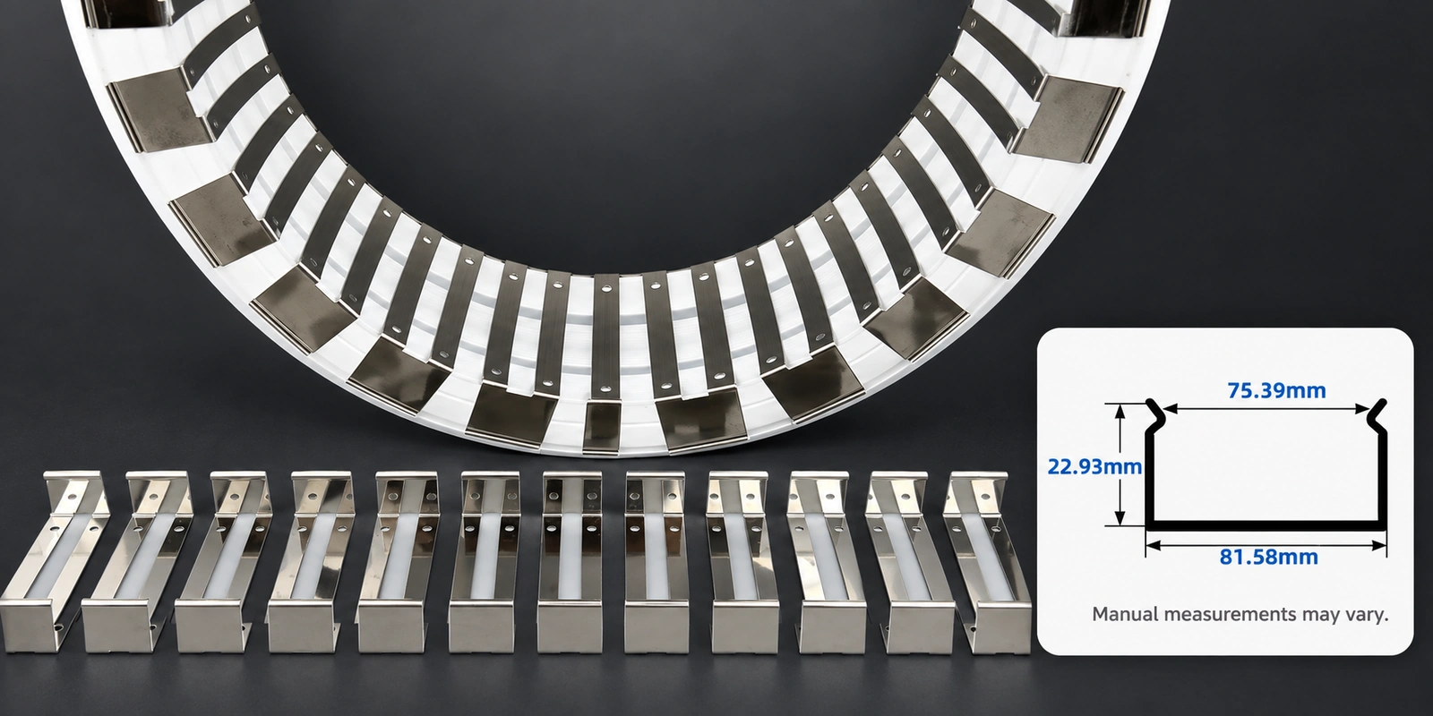 80 × 30 mm flexible tracks with inset profile reference and manual-measurement notice