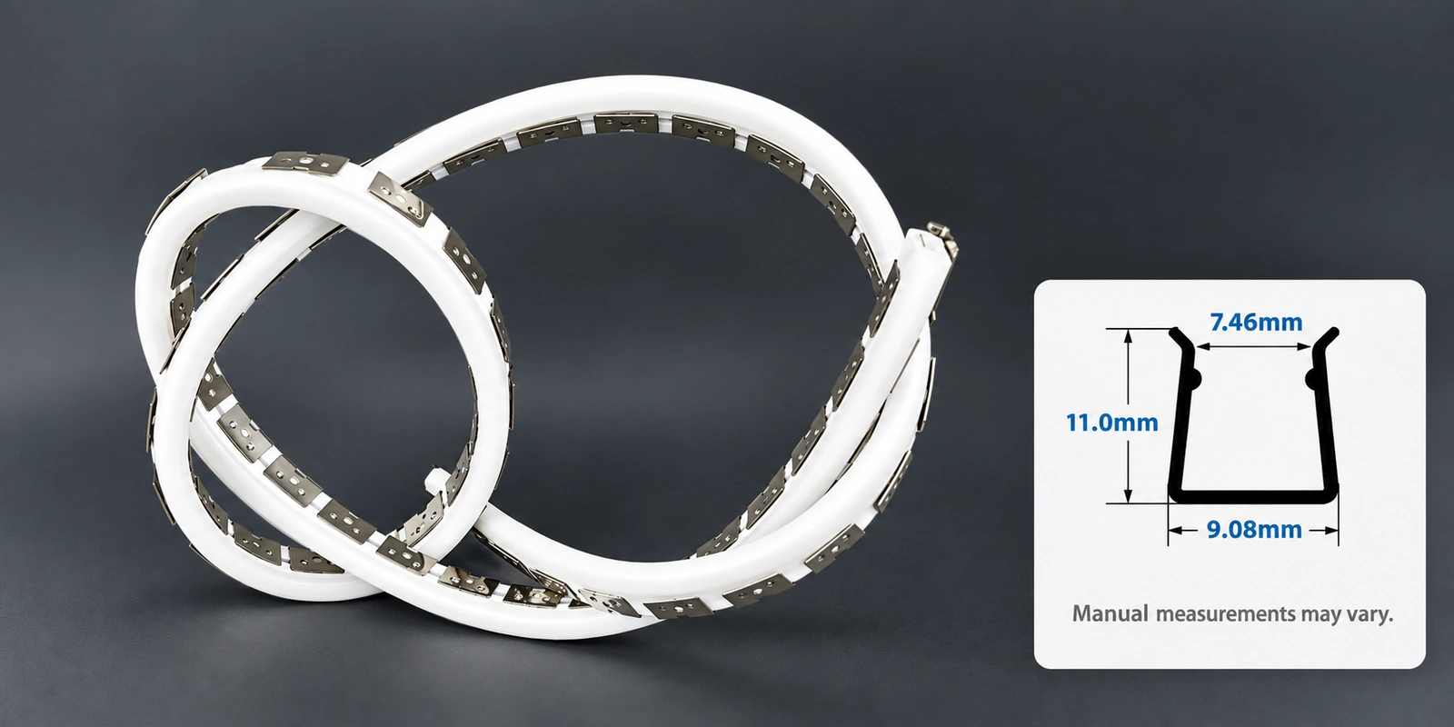 8 × 16 mm flexible tracks with inset profile reference and manual-measurement notice