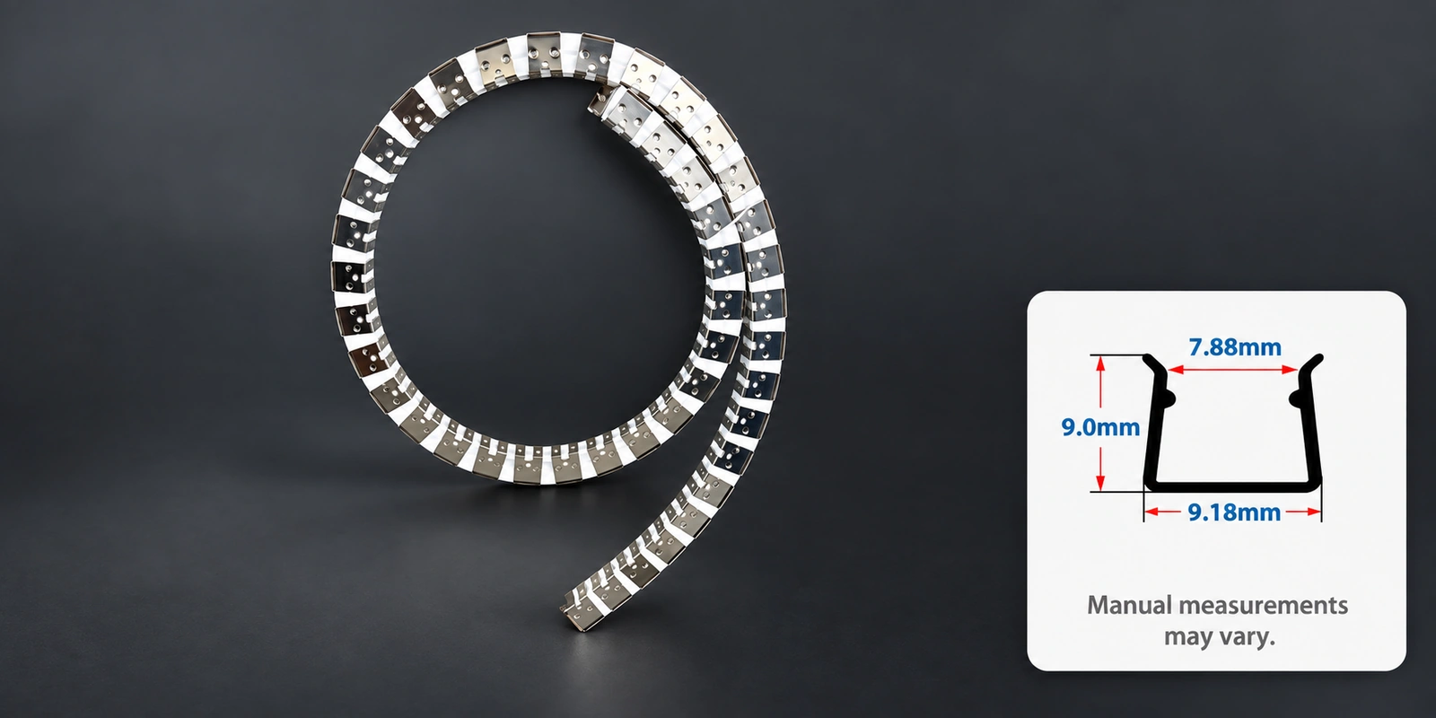 8 × 9 mm flexible tracks with inset profile reference and manual-measurement notice