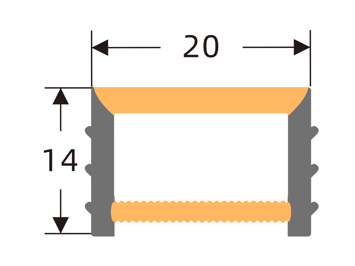 Edgeless silicone cover 20 × 14 mm · Profile dimensions