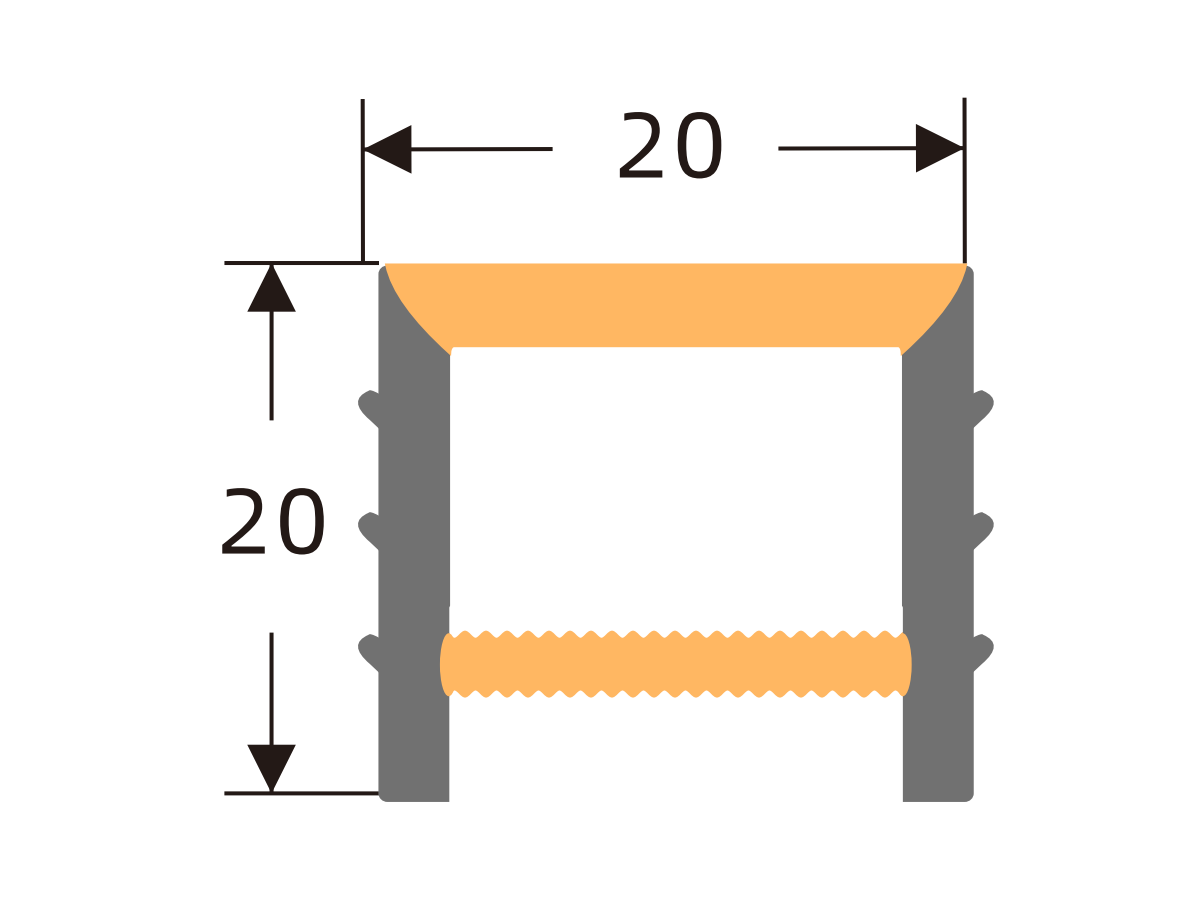 Edgeless silicone cover 20 × 20 mm · Profile dimensions
