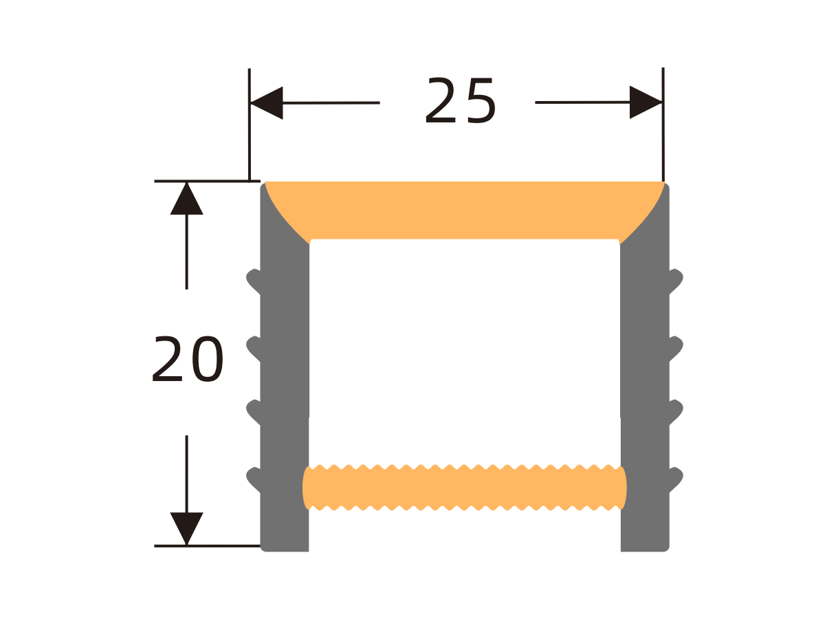 Edgeless silicone cover 25 × 20 mm · Profile dimensions