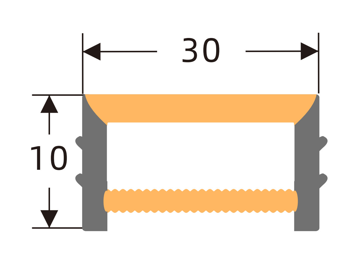Edgeless silicone cover 30 × 10 mm · Profile dimensions