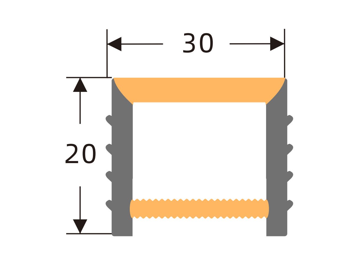 Edgeless silicone cover 30 × 20 mm · Profile dimensions