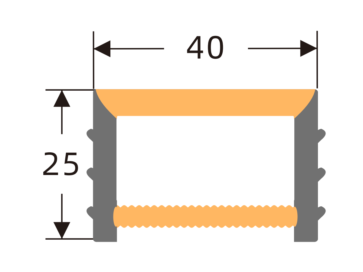 Edgeless silicone cover 40 × 25 mm · Profile dimensions