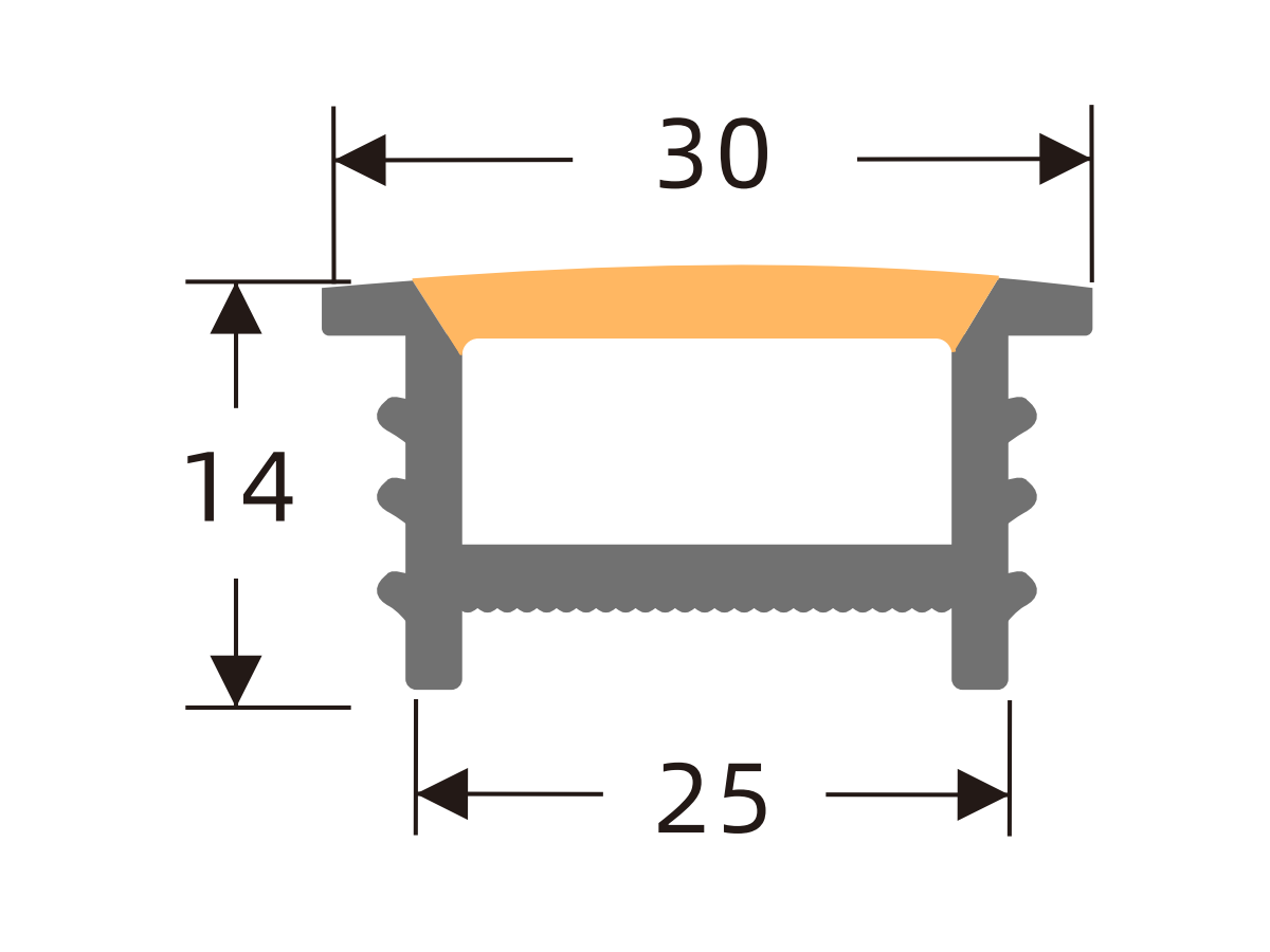 White-edge silicone cover 25 × 14 mm · Profile dimensions