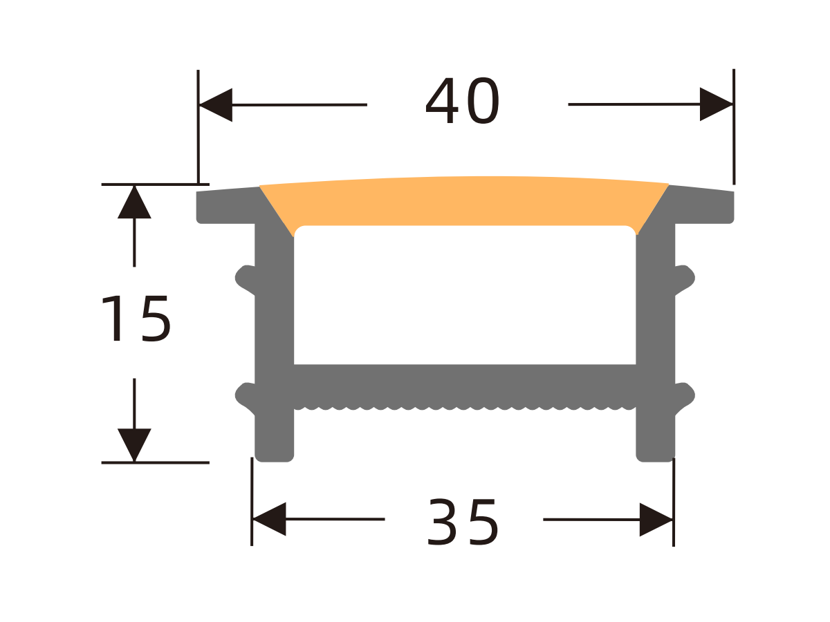 White-edge silicone cover 35 × 15 mm · Profile dimensions