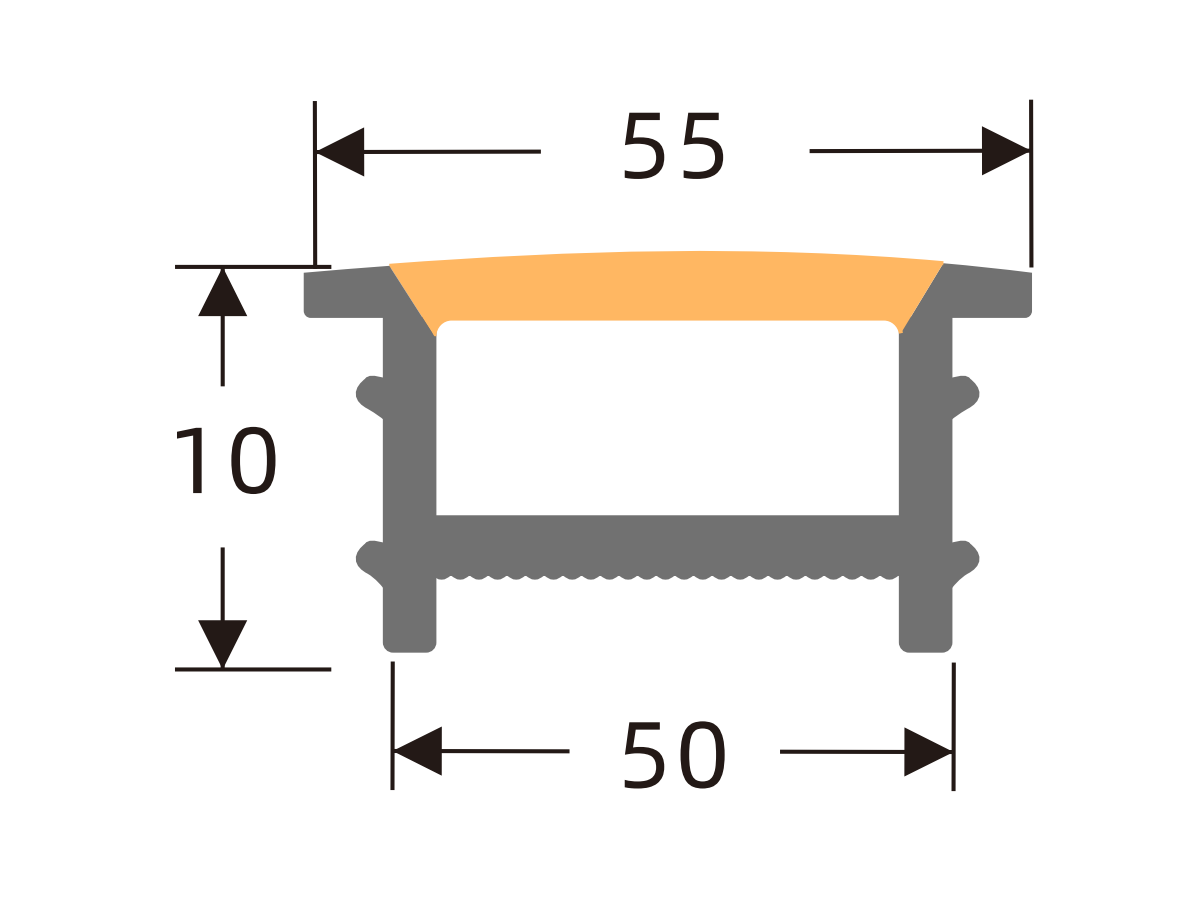 White-edge silicone cover 50 × 10 mm · Profile dimensions