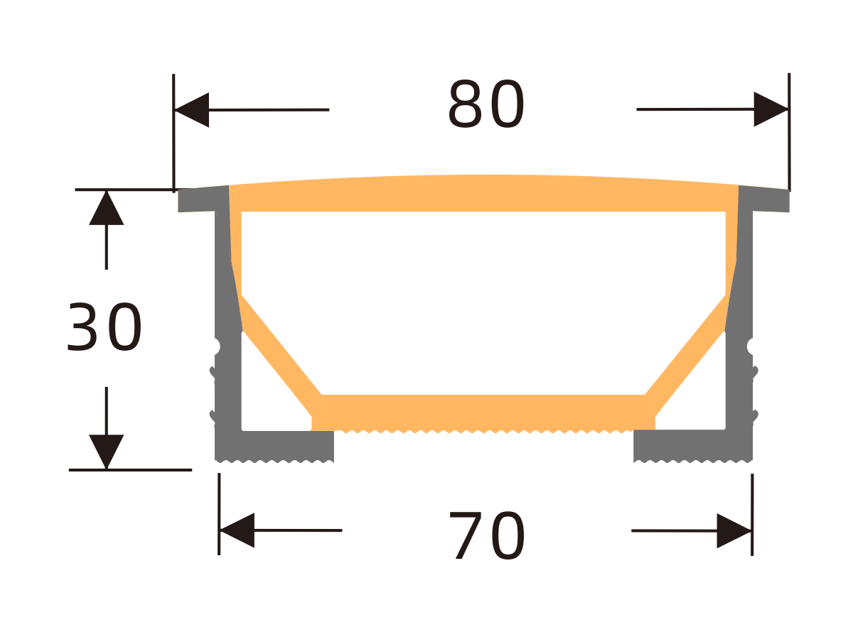 White-edge silicone cover 70 × 30 mm · Profile dimensions