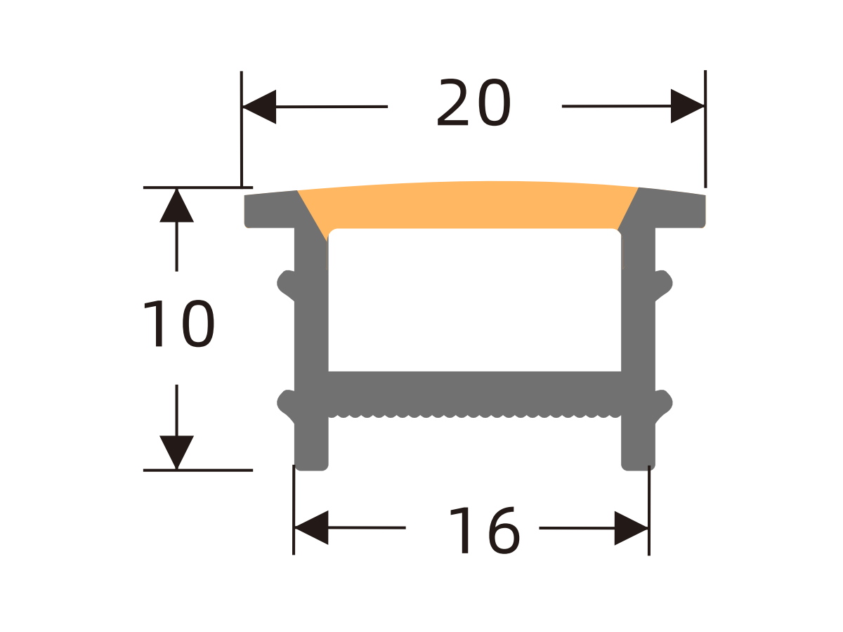White-face cover with black edges 16 × 10 mm · Profile dimensions