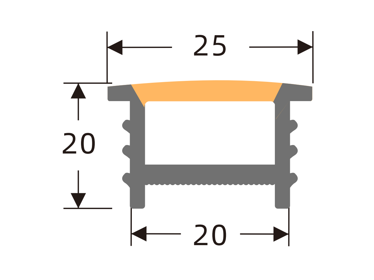 White-face cover with black edges 20 × 20 mm · Profile dimensions