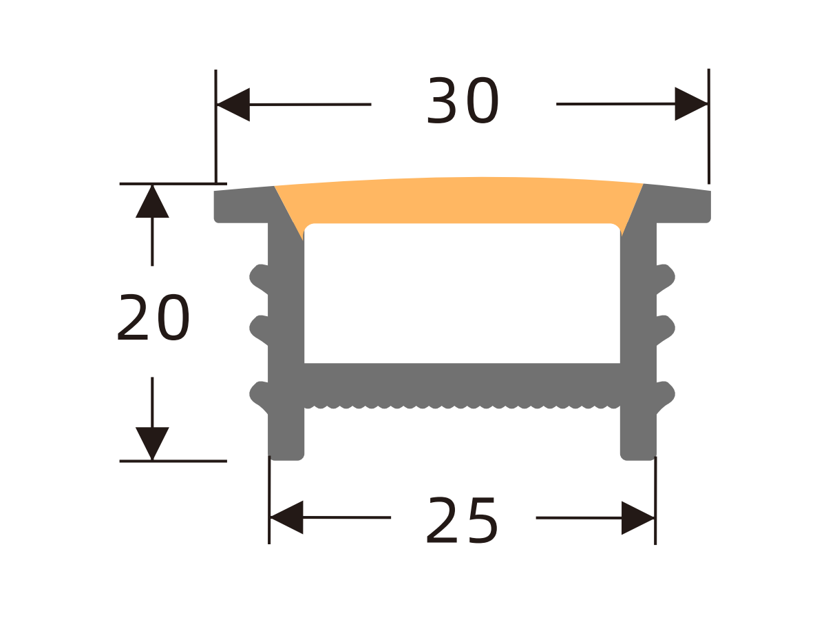 White-face cover with black edges 25 × 20 mm · Profile dimensions