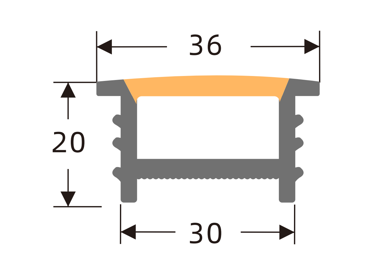 White-face cover with black edges 30 × 20 mm · Profile dimensions